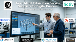 A hyper-realistic photo of a digital builder and a senior engineer collaboratively reviewing a complex 3D metal part model with real-time pricing and DFM analysis on a large touchscreen in a modern workshop, with the article title overlaid.